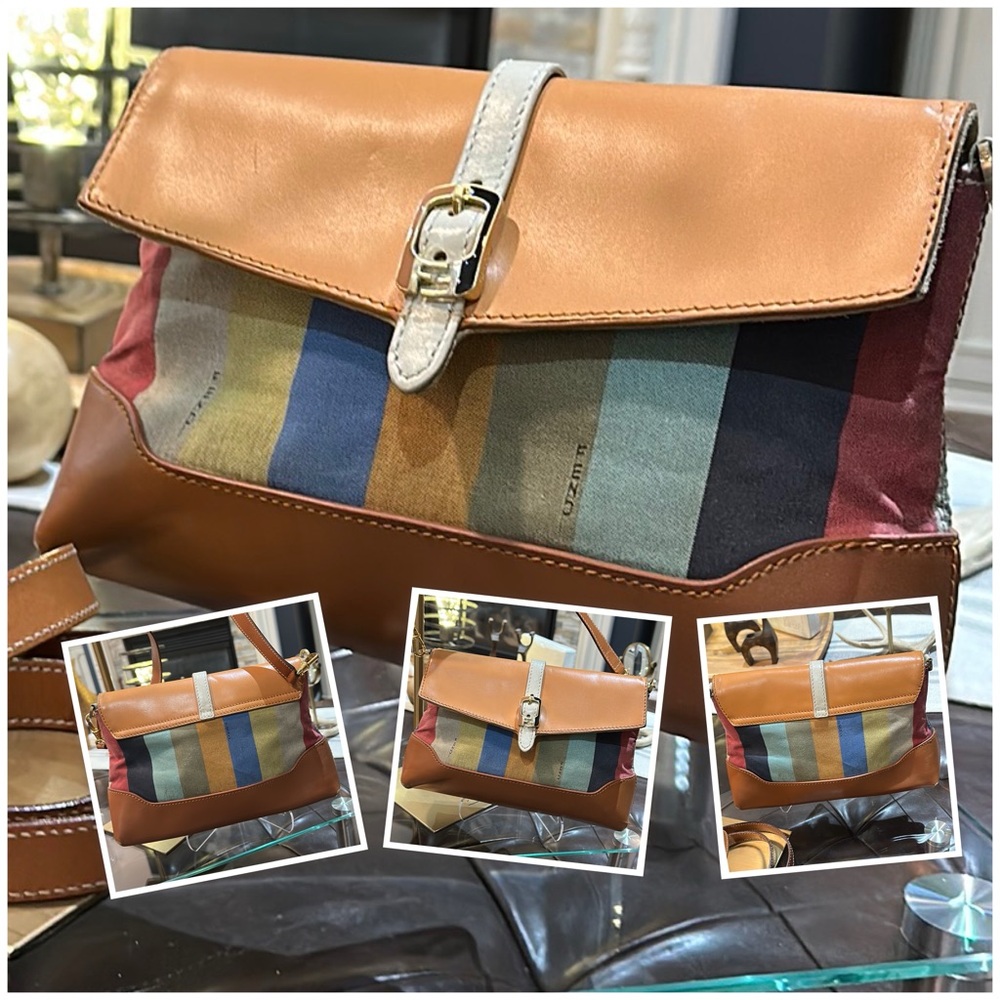 Fendi Multicolor Striped Canvas and Tan Leather Shoulder Bag